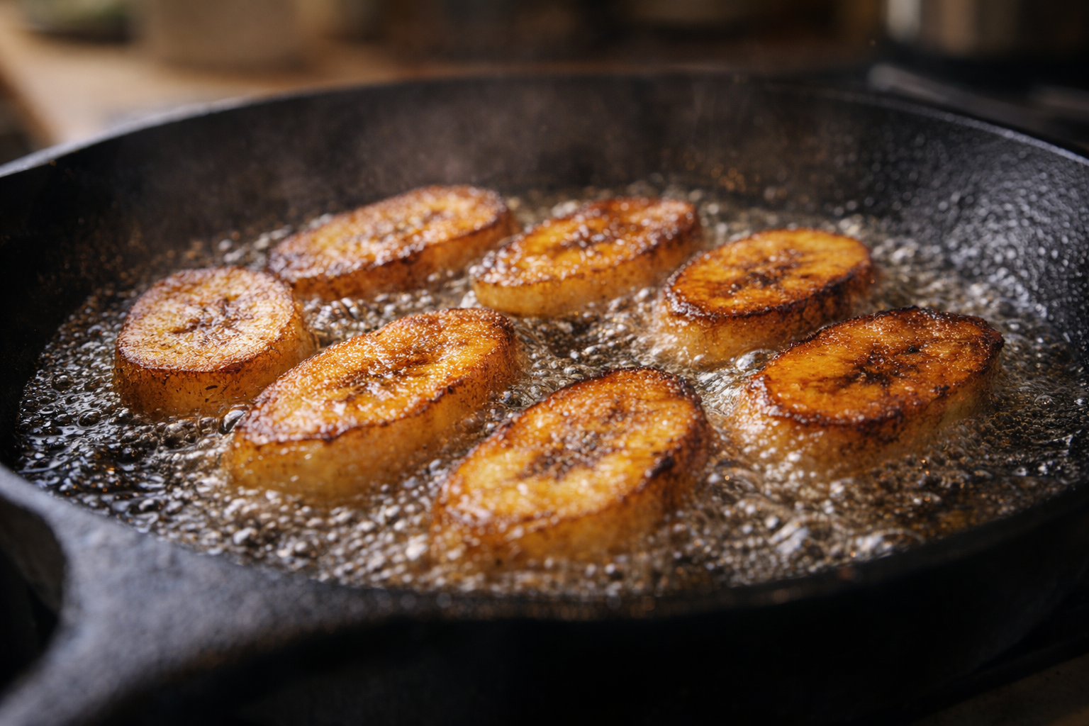 A close-up shot of plantain slices frying in a cast iron skillet, bubbling oil, golden brown color, warm kitchen lighting